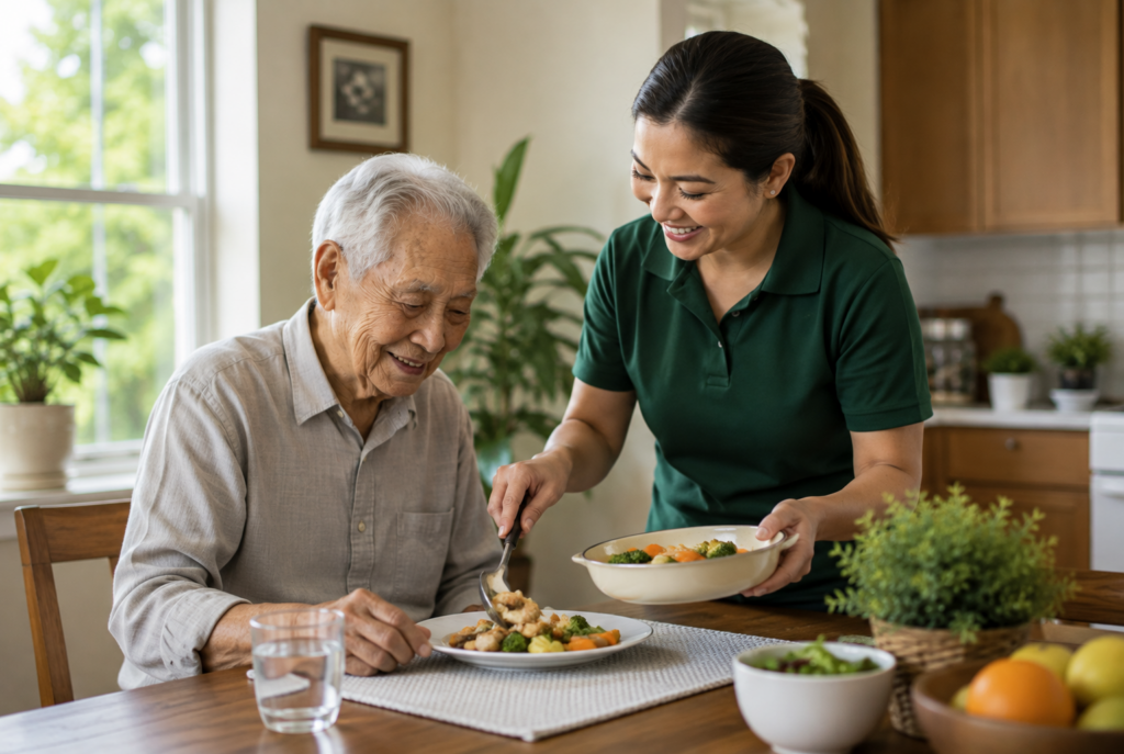 A smiling woman serves food to an older man at a dining table in a bright kitchen. The man looks happy, and there are fruits, salad, and plants on the table.