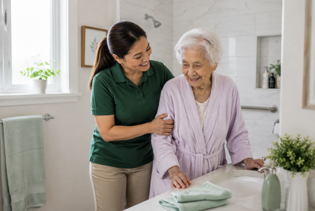 A caregiver helps an elderly woman in a light purple robe stand by a bathroom sink, both smiling. The bathroom is bright with light-colored tiles, towels, and potted plants.