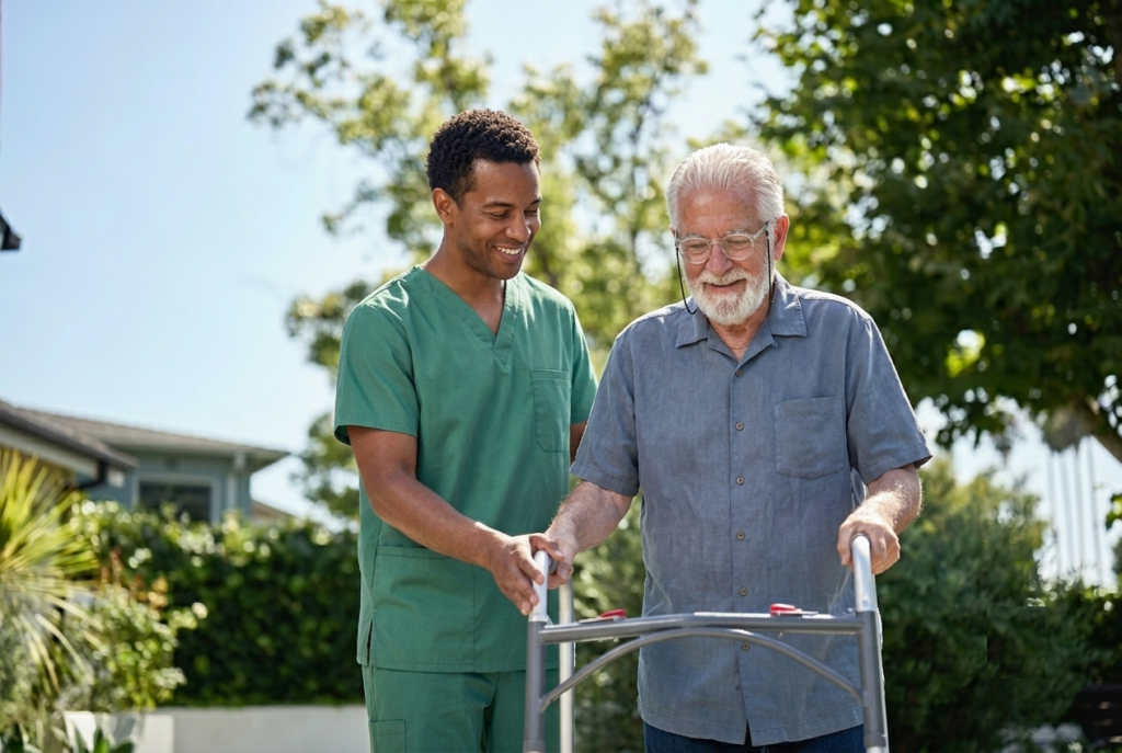 A young male caregiver in green scrubs smiles and assists an older man using a walker outdoors on a sunny day, with trees and a house in the background.