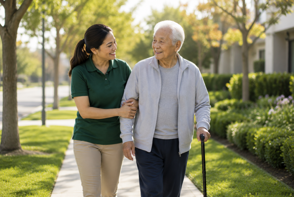 A young woman smiles and supports an older person with a cane as they walk together on a sunny sidewalk lined with trees and greenery.