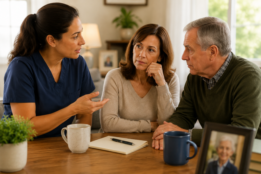 A nurse sits at a table talking with a concerned middle-aged couple. A notepad, pen, and mugs are on the table, along with a framed photo of an older man. The couple listens attentively to the nurse.