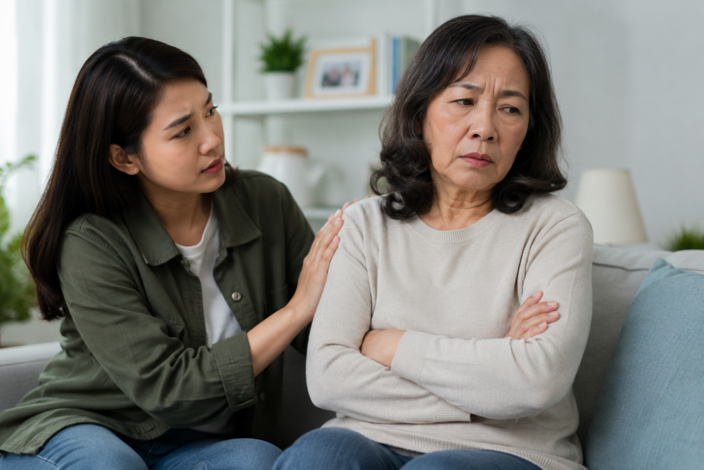 A young woman gently touches the shoulder of an older woman who sits with her arms crossed, looking upset. They are seated on a couch in a home setting, suggesting a moment of emotional tension or disagreement.