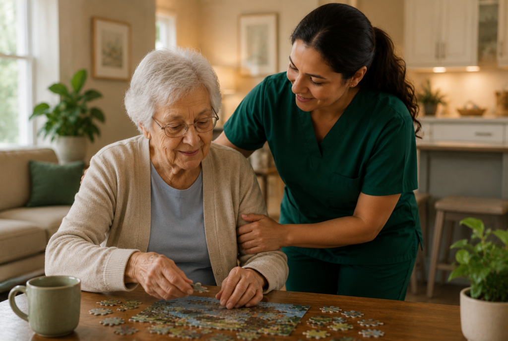 An elderly woman works on a jigsaw puzzle at a table while a caregiver in green scrubs smiles and stands beside her in a cozy, well-lit living room.