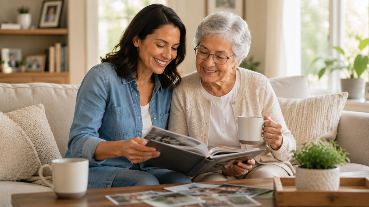 Daughter and senior mom looking at photo album for mental health wellness