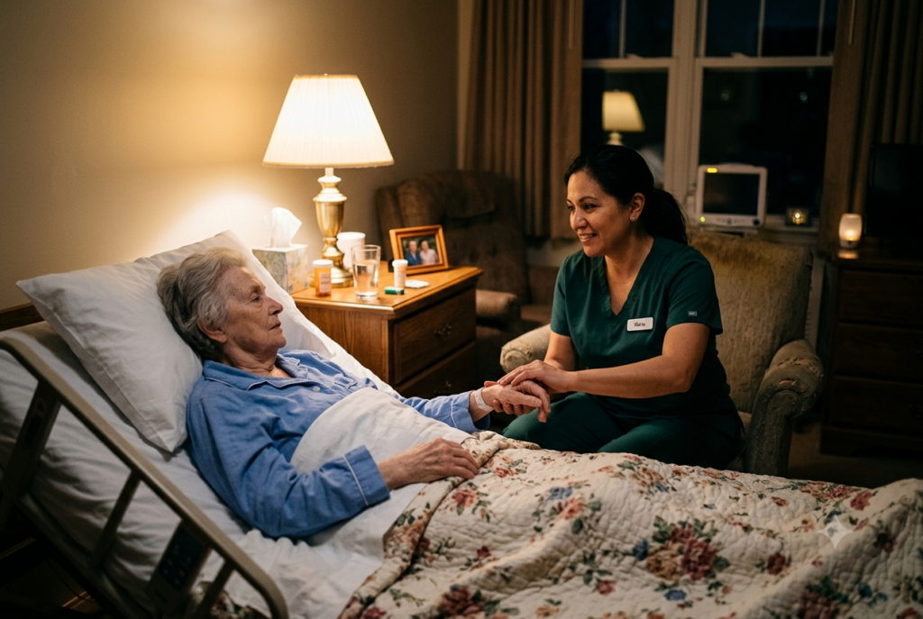 A nurse in green scrubs sits beside an elderly woman lying in a hospital bed, holding her hand and smiling. The room is softly lit with a lamp, and personal items are visible on a bedside table.