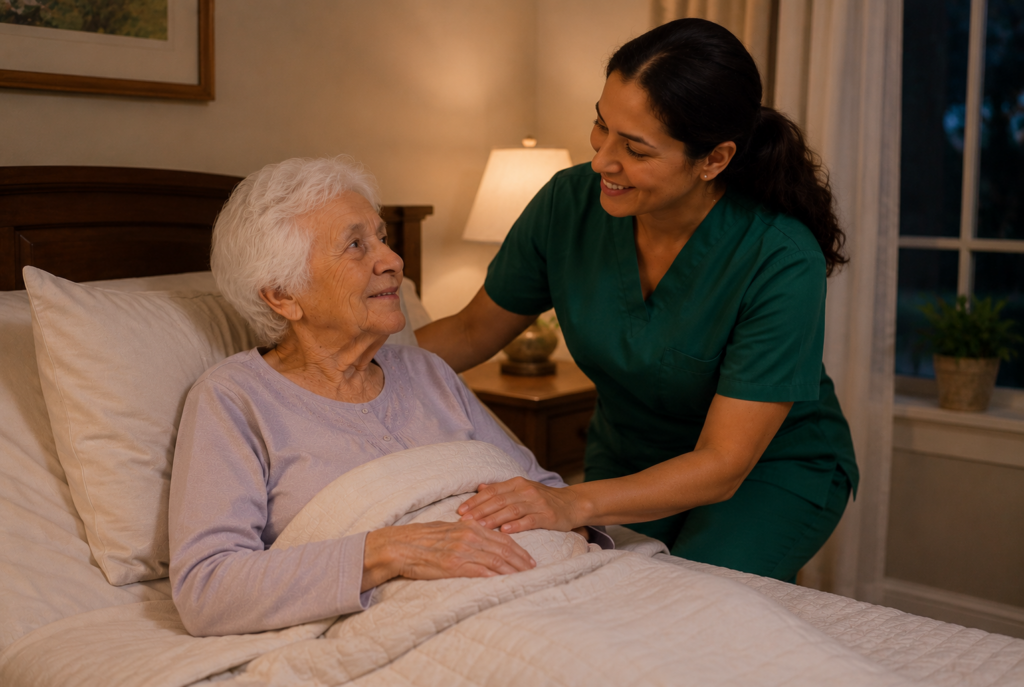 A nurse in green scrubs smiles and talks to an elderly woman lying in bed, gently touching her arm in a warmly lit bedroom.