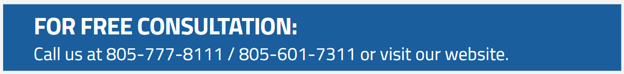 Blue banner with white text: FOR FREE CONSULTATION: Call us at 805-777-8111 / 805-601-7311 or visit our website.