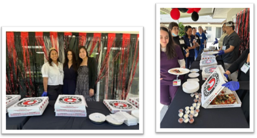 Left: Three women stand behind a table with stacked pizza boxes and plates, in front of red and black streamers. Right: People line up at a table with open pizza boxes and small dessert cups; staff serve food at a decorated event.