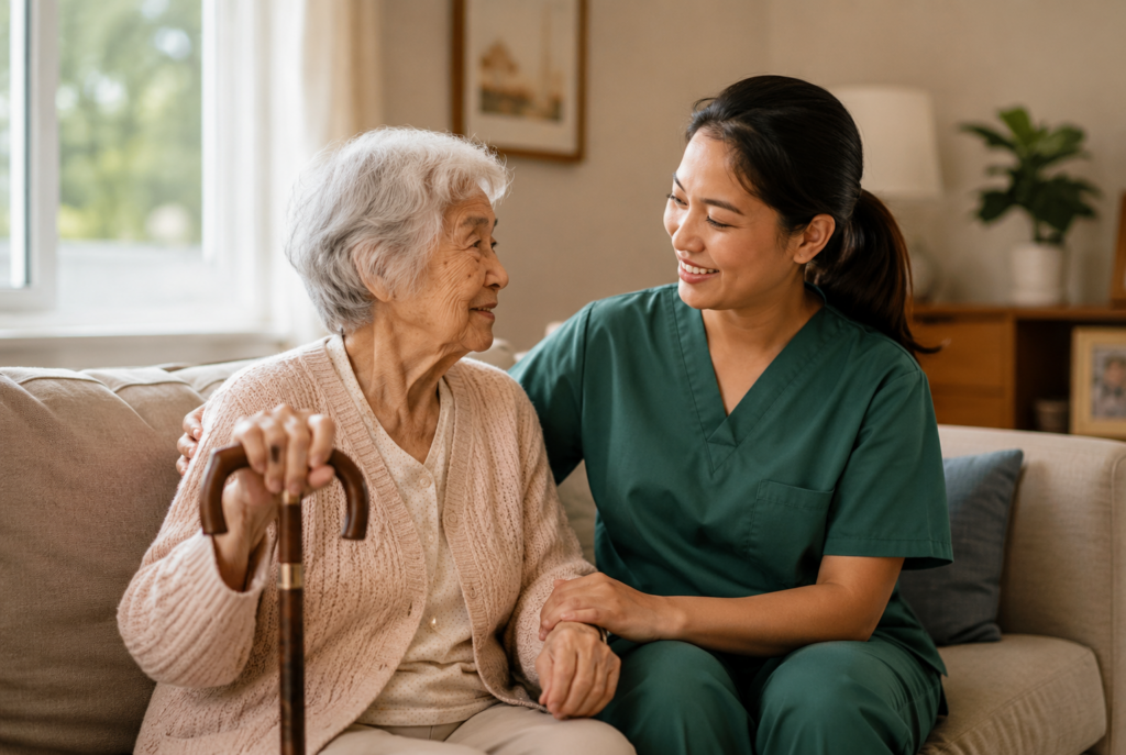A nurse in green scrubs smiles and holds hands with an elderly woman with gray hair and a cane, sitting together on a couch in a cozy living room.