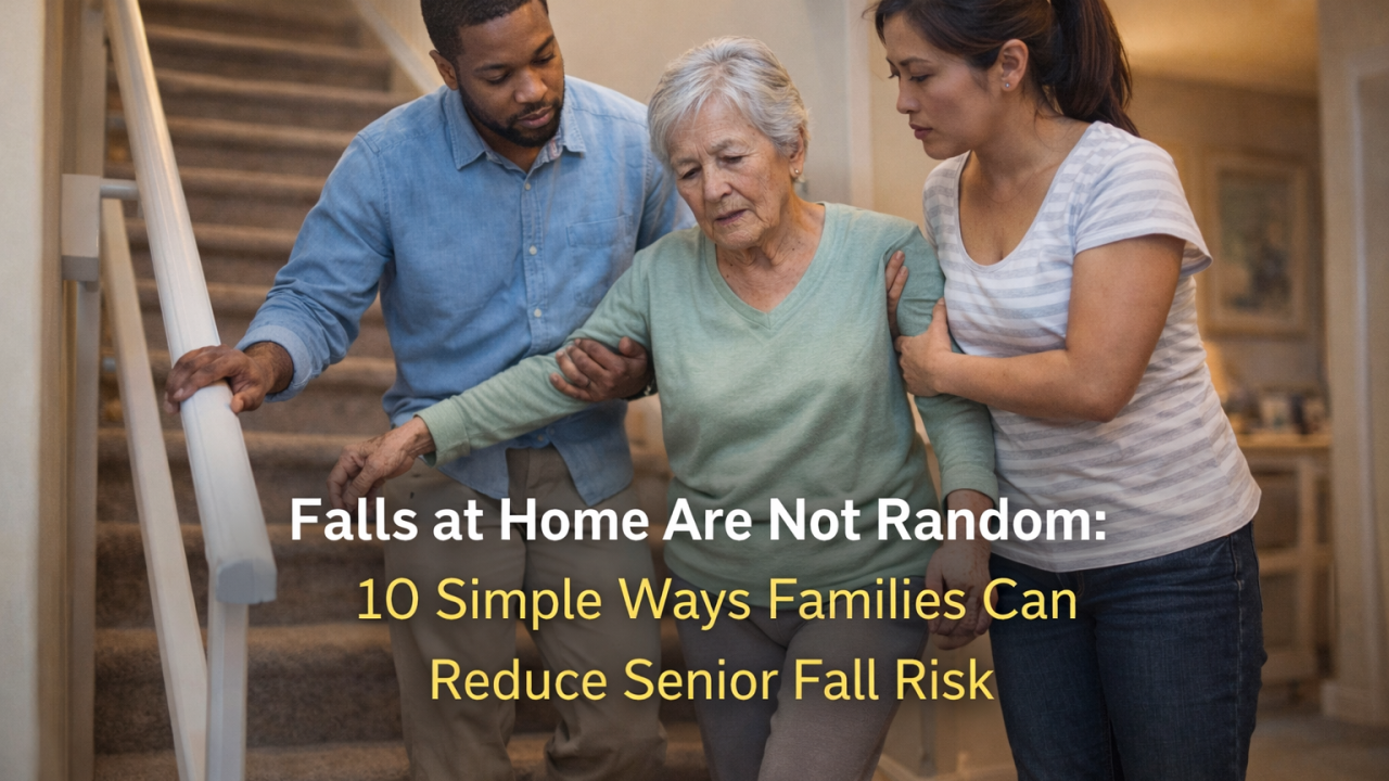 An elderly woman is assisted by a man and a woman while walking down stairs at home. Overlay text reads: Falls at Home Are Not Random: 10 Simple Ways Families Can Reduce Senior Fall Risk.