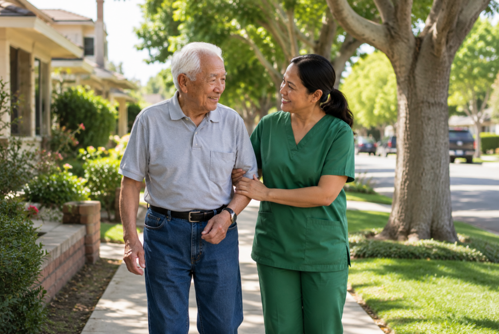 An elderly man and a caregiver walk together on a sunny suburban sidewalk, smiling at each other. The caregiver wears green scrubs and supports the man by holding his arm.