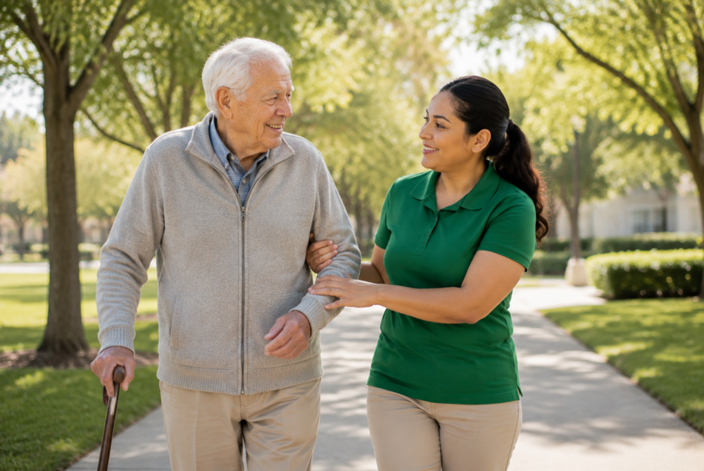 An elderly man with a cane walks outside on a sunny day, assisted by a smiling woman in a green shirt. They are on a path surrounded by trees and greenery.