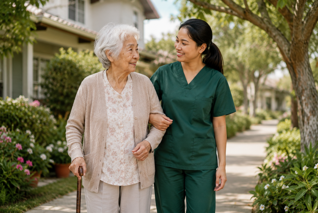 A nurse in green scrubs walks outdoors with an elderly woman using a cane, both smiling at each other on a sunny day in a residential neighborhood.