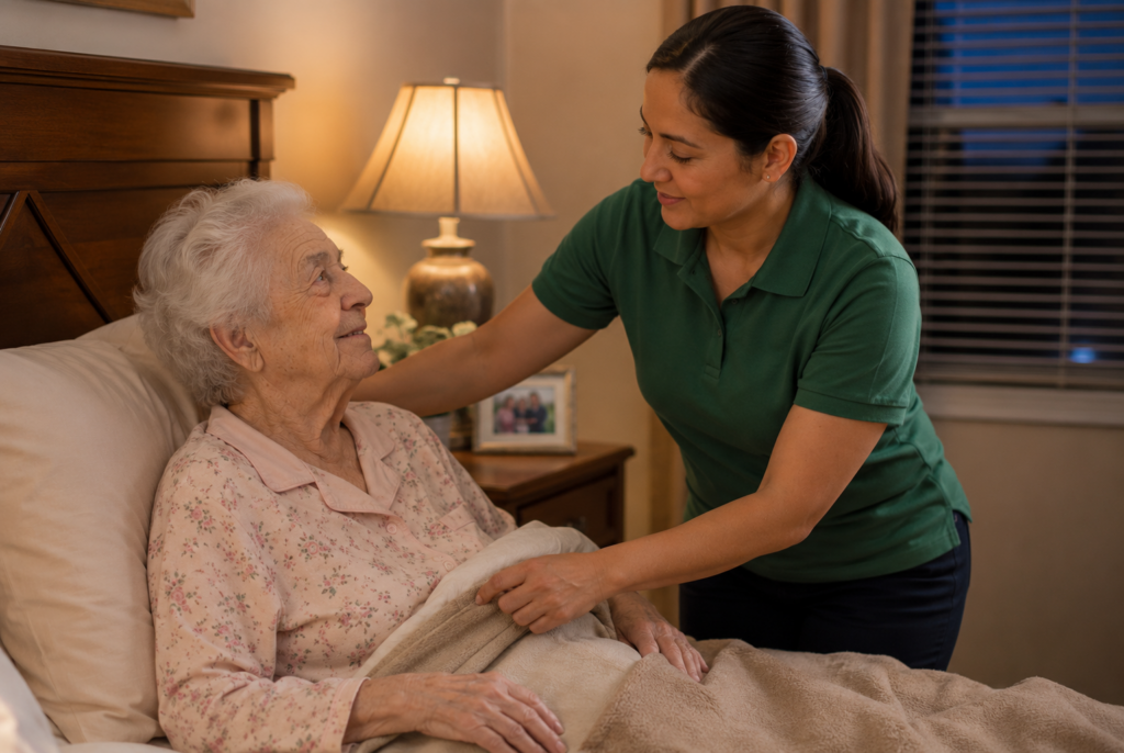A caregiver in a green shirt stands beside an elderly woman lying in bed, gently tucking her in and smiling warmly. A lamp and framed photo sit on a nightstand in the softly lit room.