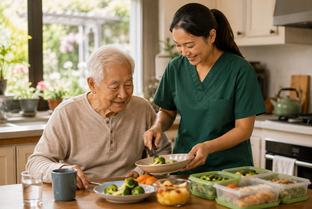 A smiling caregiver in green scrubs serves a meal with broccoli to an elderly man at a kitchen table filled with food containers and fruit, in a bright, cozy home.