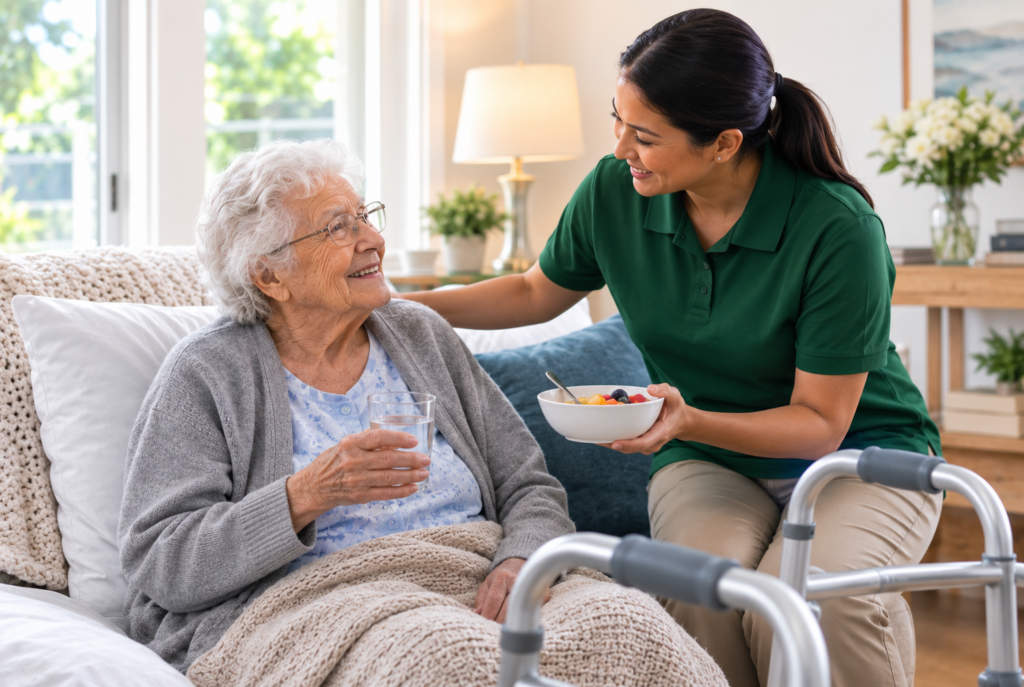 A smiling caregiver in a green shirt offers a bowl of fruit to an elderly woman sitting in bed, holding a glass of water. The room is bright, with flowers, a lamp, and a walker nearby.