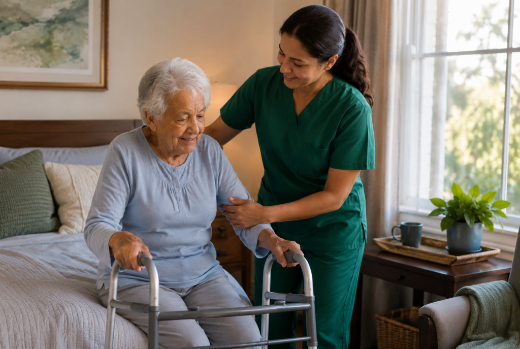 A smiling caregiver in green scrubs helps an elderly woman using a walker in a sunlit bedroom, showing support and care.