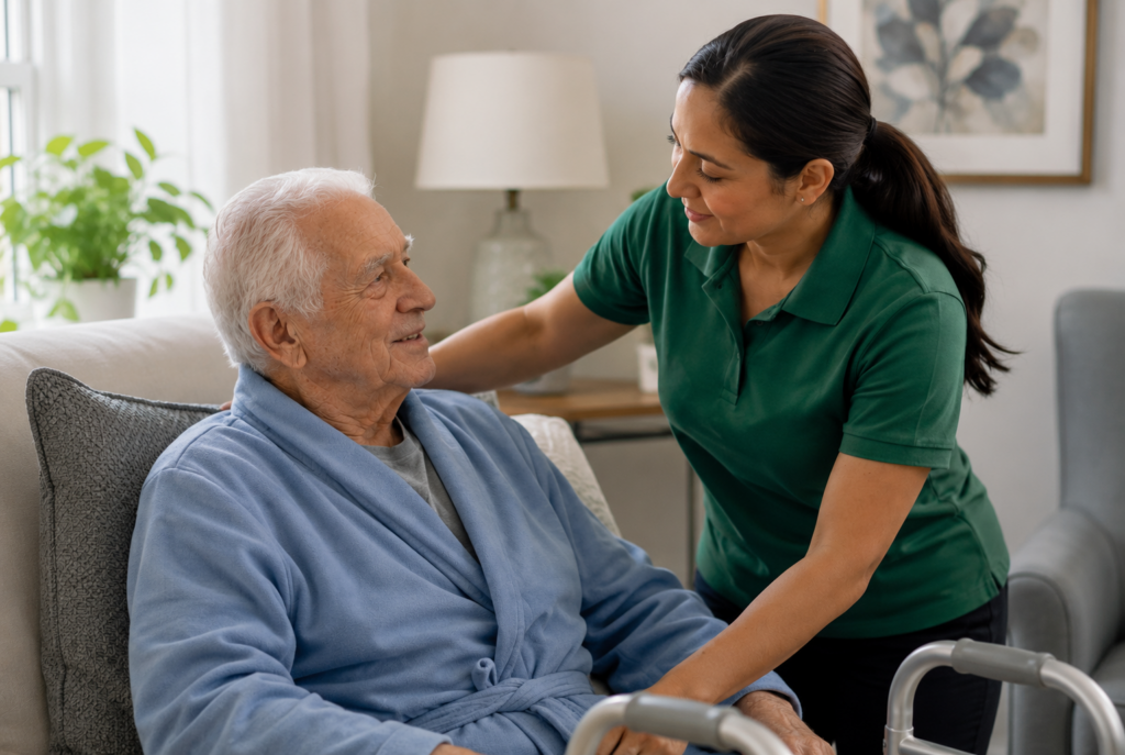 A senior man in a blue robe sits on a couch with a walker nearby, smiling at a woman in a green shirt who is gently touching his shoulder. They appear to be in a cozy, well-lit living room.