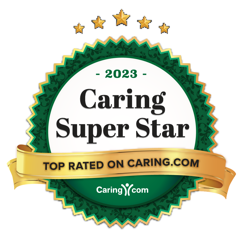 A green and gold badge reads “2023 Caring Super Star” with five gold stars above. A gold ribbon says “Top Rated on Caring.com.” The Caring.com logo appears at the bottom.