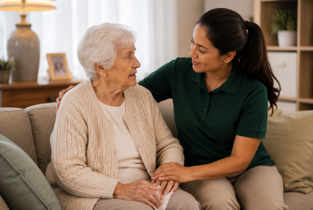 A young woman in a green shirt sits beside an elderly woman with white hair, comforting her with a gentle hand on her shoulder as they sit together on a couch in a warmly lit living room.
