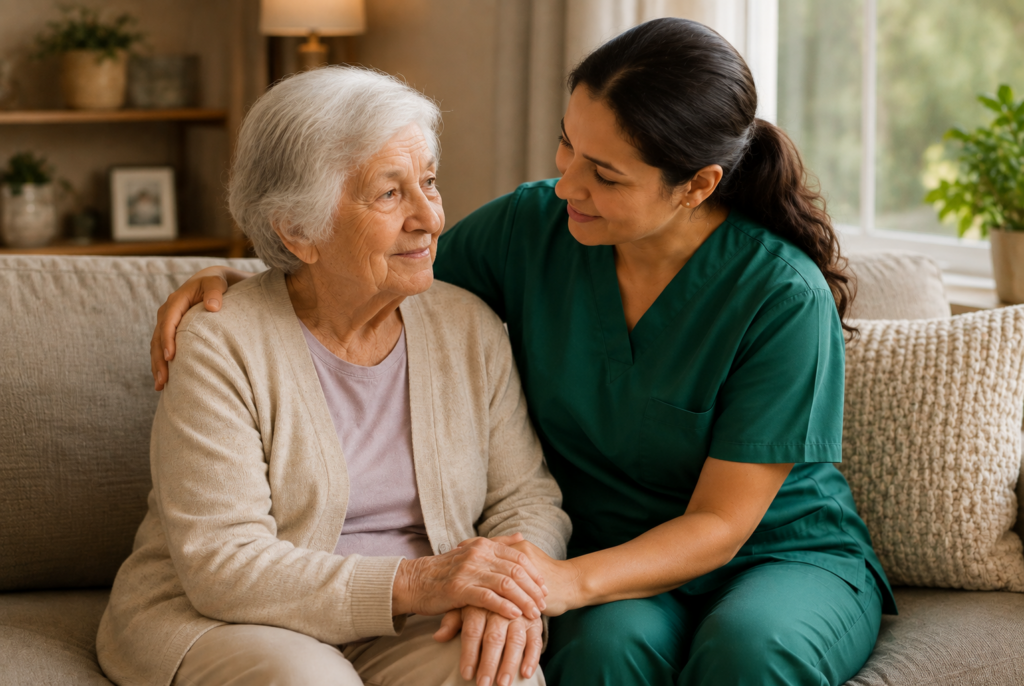 A nurse in green scrubs sits beside an elderly woman on a couch, gently holding her hand and smiling warmly. The elderly woman looks at the nurse with appreciation. The room is cozy and well-lit.