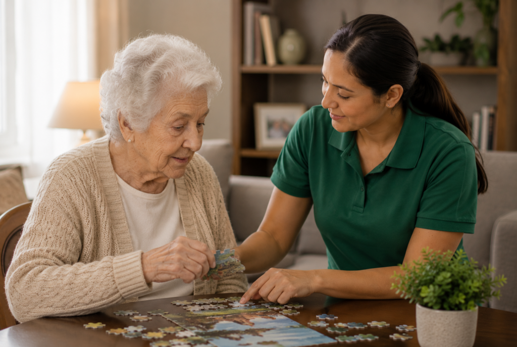 An elderly woman and a younger woman work together on a jigsaw puzzle at a table in a cozy living room. The younger woman smiles and points to a puzzle piece.