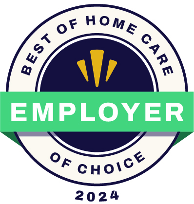 Circular badge with the text Best of Home Care Employer of Choice 2024 and a green banner across the center displaying the word Employer in white letters.