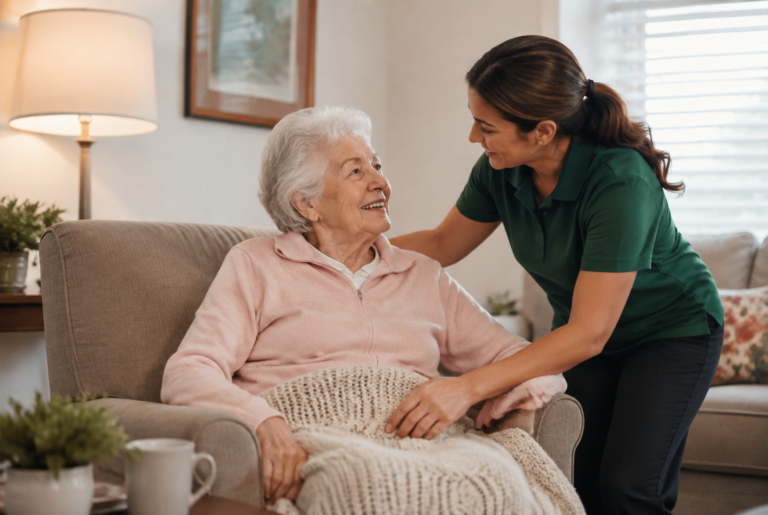 A smiling elderly woman sits in an armchair with a blanket, while a caregiver in a green shirt stands beside her, smiling and holding her arm in a cozy, well-lit living room.