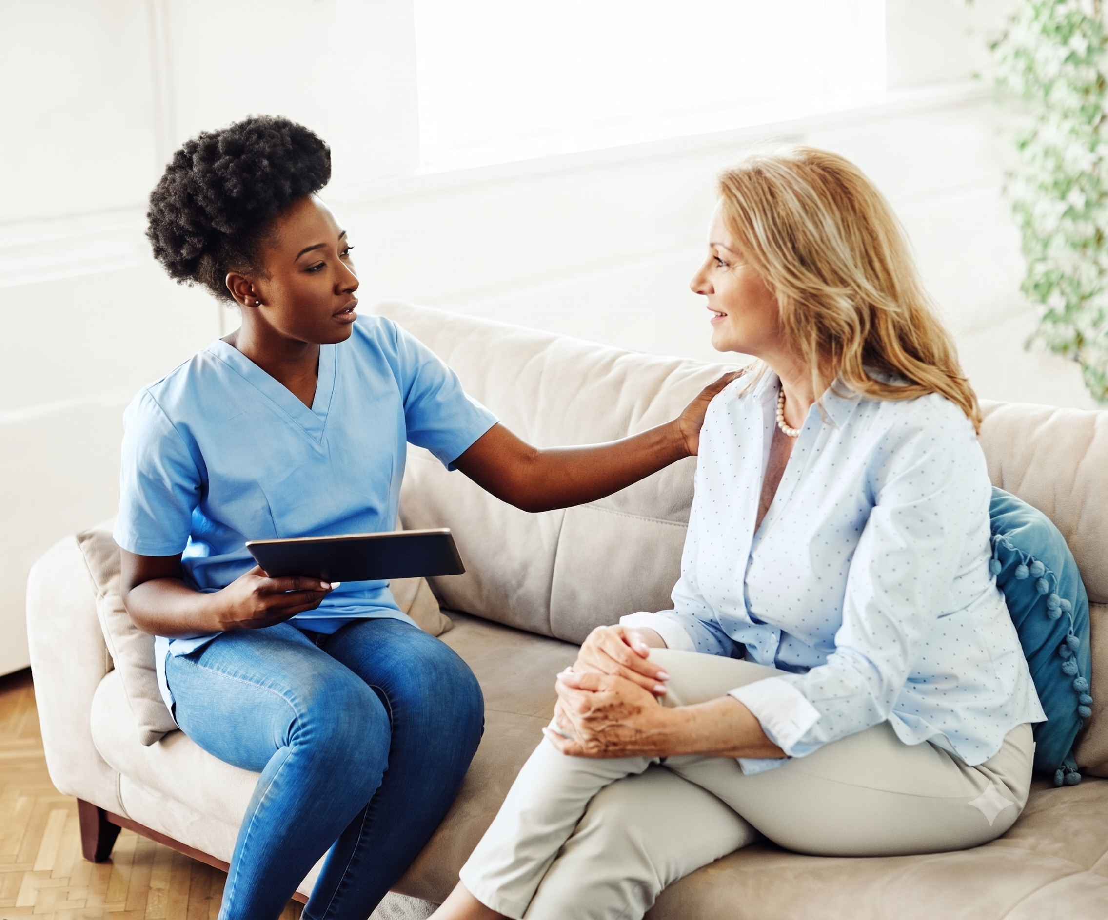 A healthcare worker holding a tablet sits on a couch, gently touching the shoulder of an older woman, offering comfort and support during a conversation in a bright room.