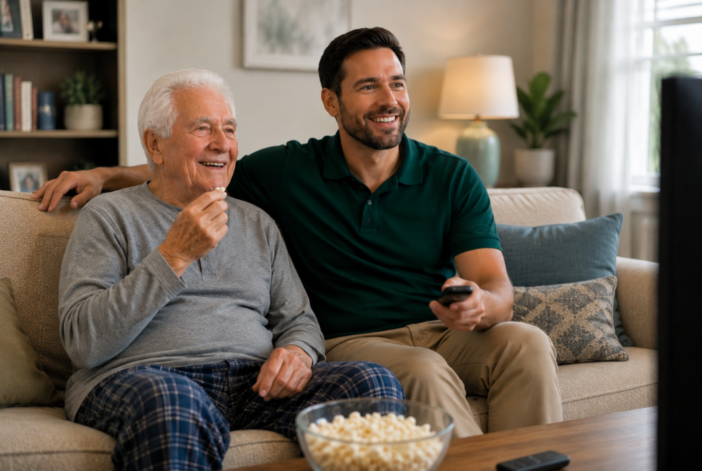 Two men sit on a couch, smiling and watching TV. One holds a remote and the other eats popcorn. A large bowl of popcorn sits on the table in front of them. The room is cozy and well-lit.
