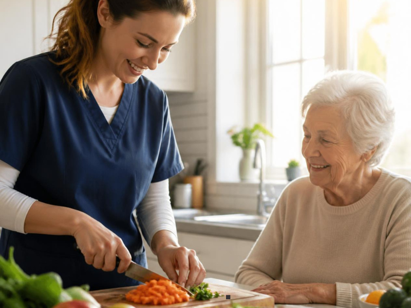 A smiling woman in scrubs chops vegetables in a bright kitchen while an elderly woman sits nearby, watching her with a warm smile.