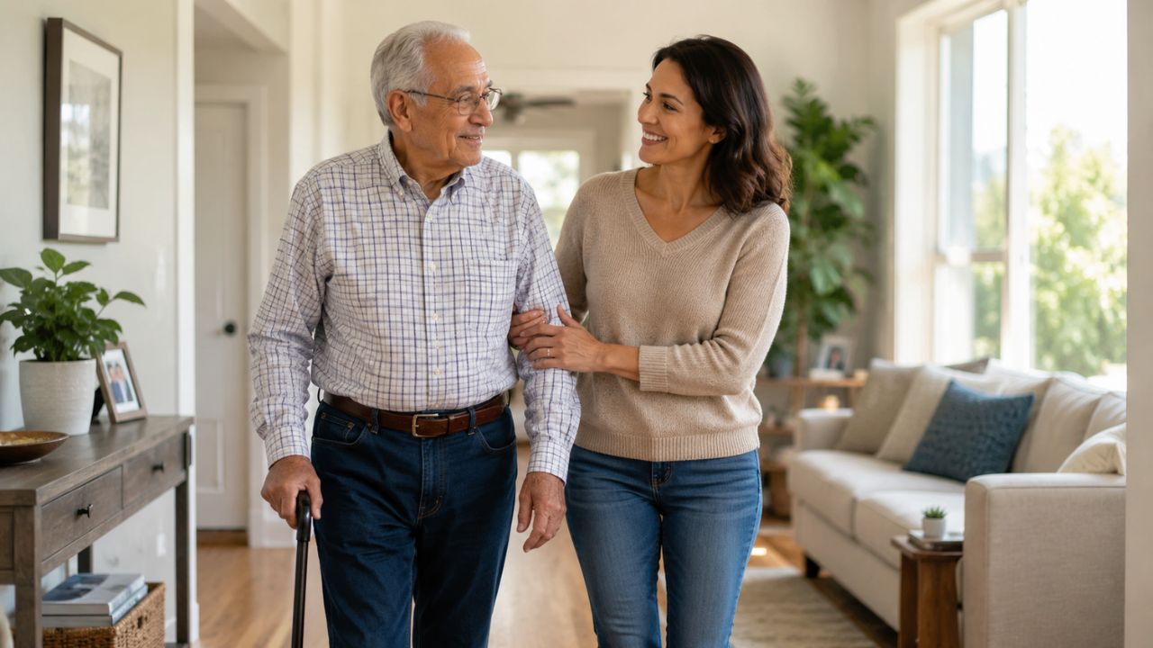 Daughter supporting her senior father with a stroke while walking
