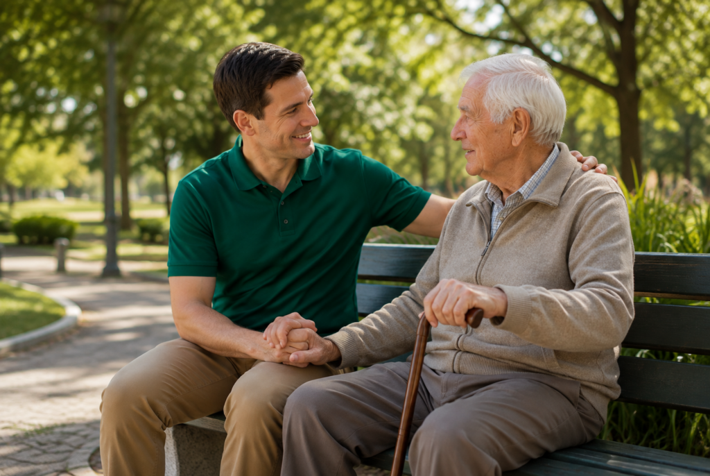 A younger man in a green shirt sits on a park bench, smiling and holding hands with an older man who has a cane. Both appear happy, enjoying a conversation surrounded by greenery.
