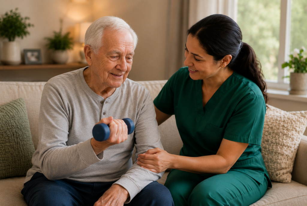 An elderly man lifts a dumbbell while sitting on a couch, assisted and encouraged by a smiling female caregiver in green scrubs, in a cozy, well-lit living room.