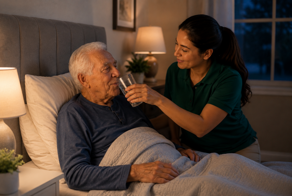 A caregiver helps an elderly man in bed drink a glass of water. They both appear calm and comfortable in a softly lit bedroom during the evening.