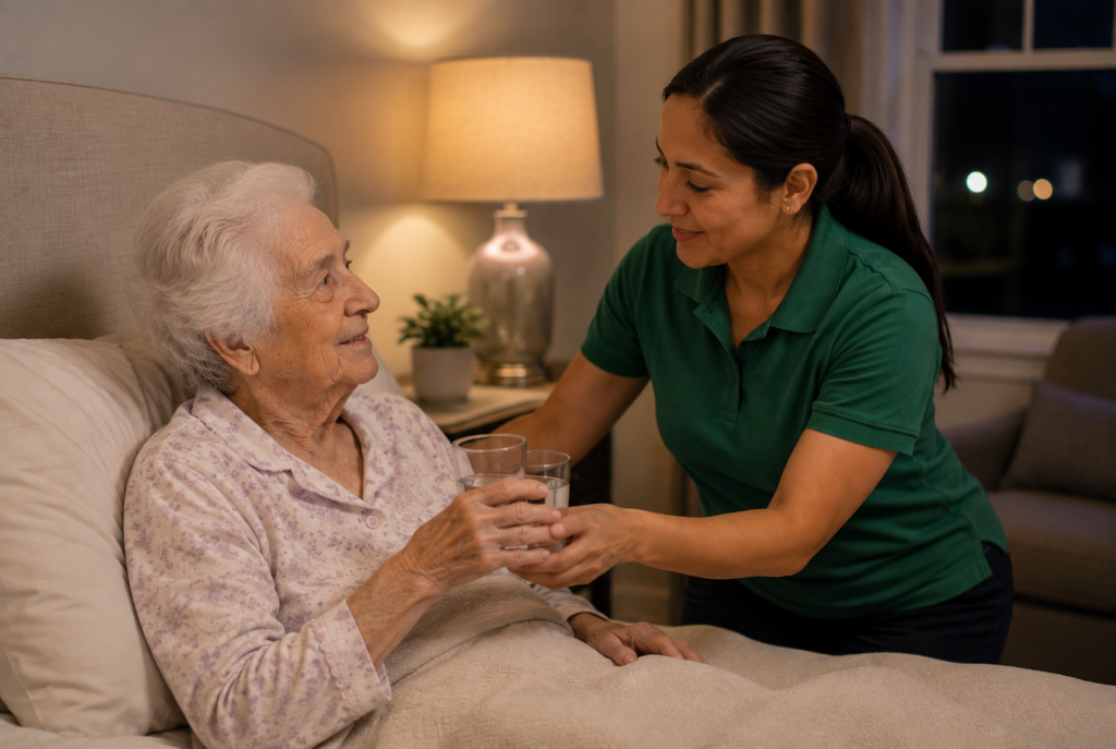 A caregiver hands a glass of water to an elderly woman sitting up in bed. They smile at each other in a warmly lit bedroom, creating a comforting atmosphere.