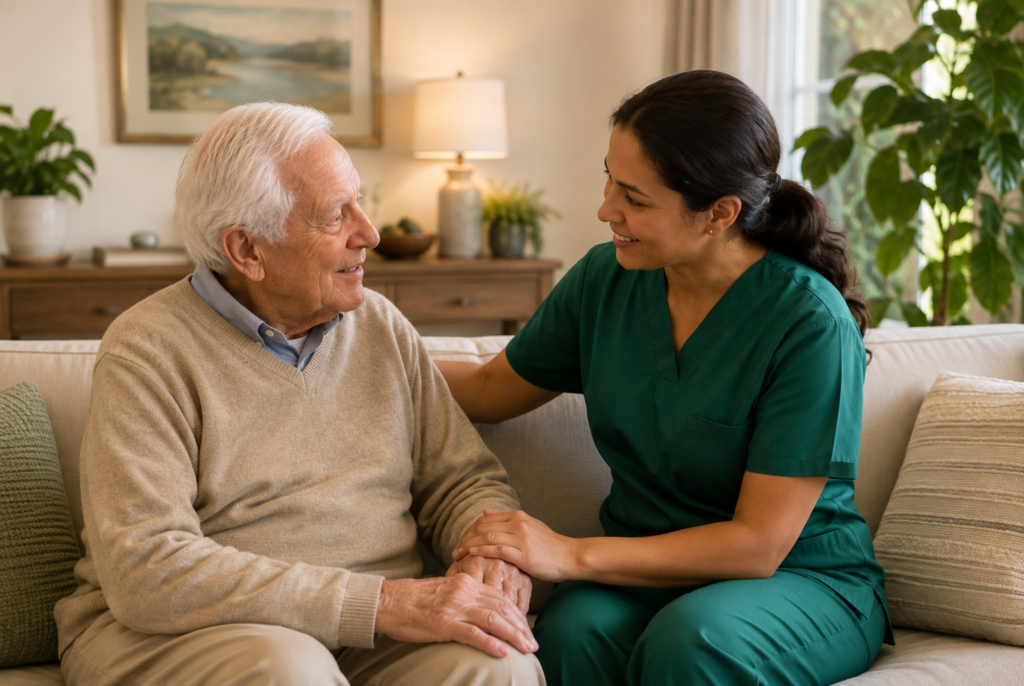 A smiling nurse in green scrubs sits beside an elderly man on a couch, holding his hand and talking with him in a warmly lit living room with plants and a painting in the background.