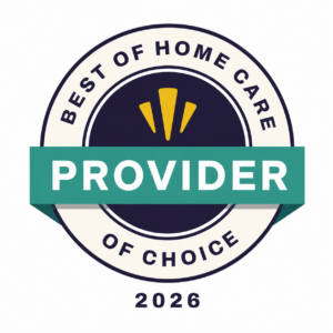 Circular badge reading Best of Home Care Provider of Choice 2026, with Provider highlighted on a teal banner across the center and three yellow rays above it.