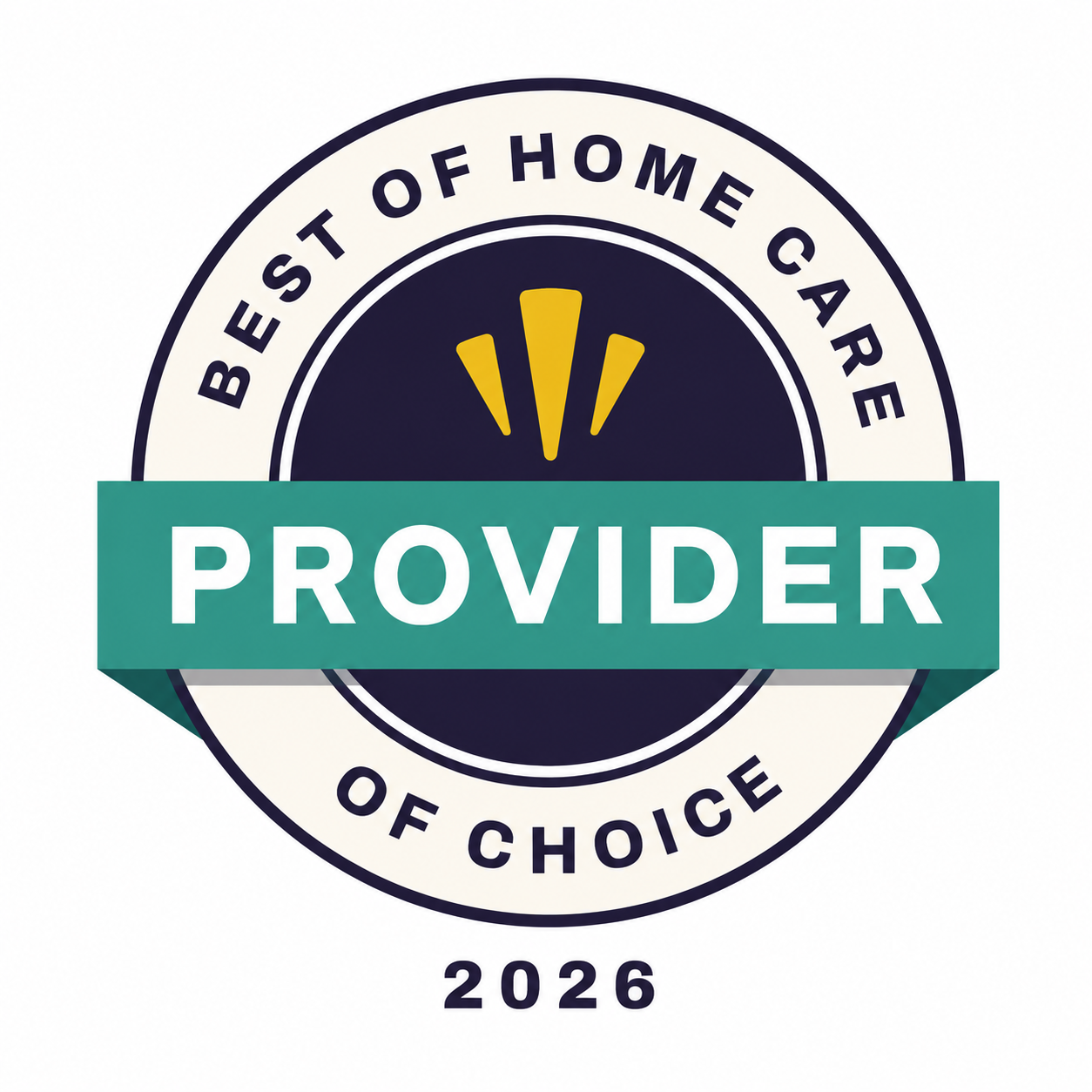 Circular badge reading Best of Home Care – Provider of Choice 2026 with a green banner displaying Provider across the center, and three yellow rays above the word.