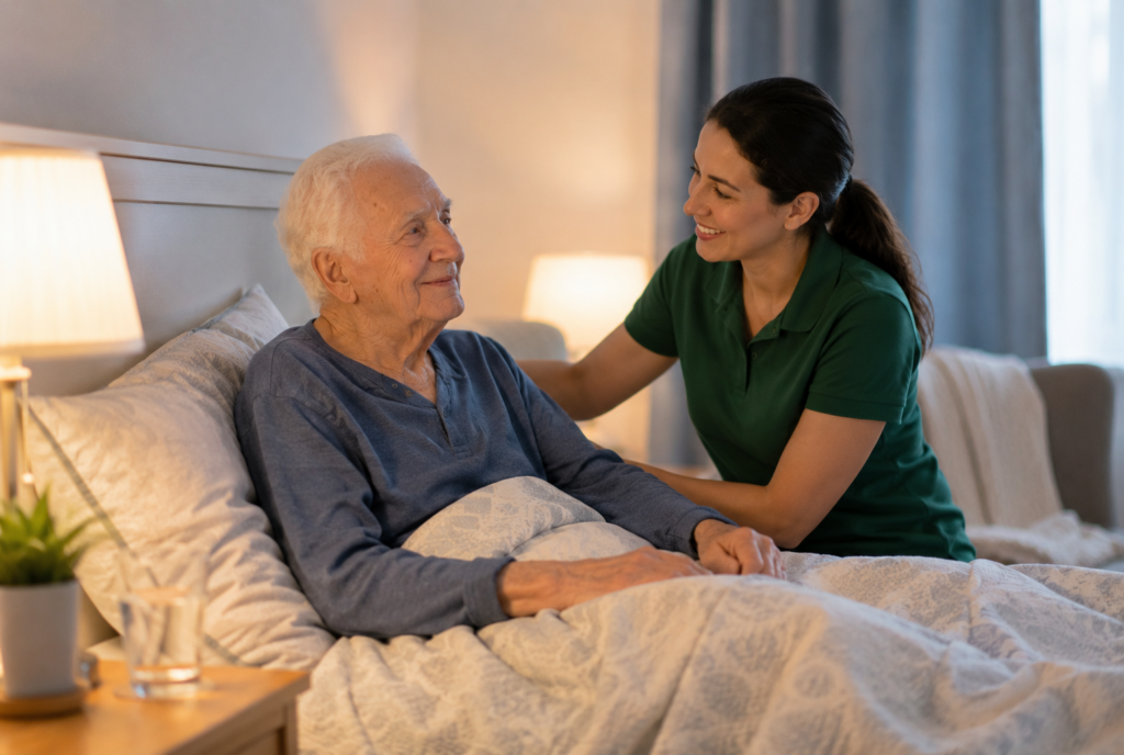 A smiling elderly man lies in bed under a patterned blanket while a woman in a green shirt sits beside him, gently touching his shoulder and smiling warmly. A lamp and glass of water are on the bedside table.
