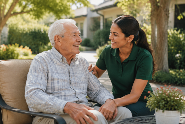 A smiling elderly man sits outside with a younger woman beside him, holding his hand and smiling. They appear happy and relaxed, surrounded by greenery and sunlight in a garden setting.