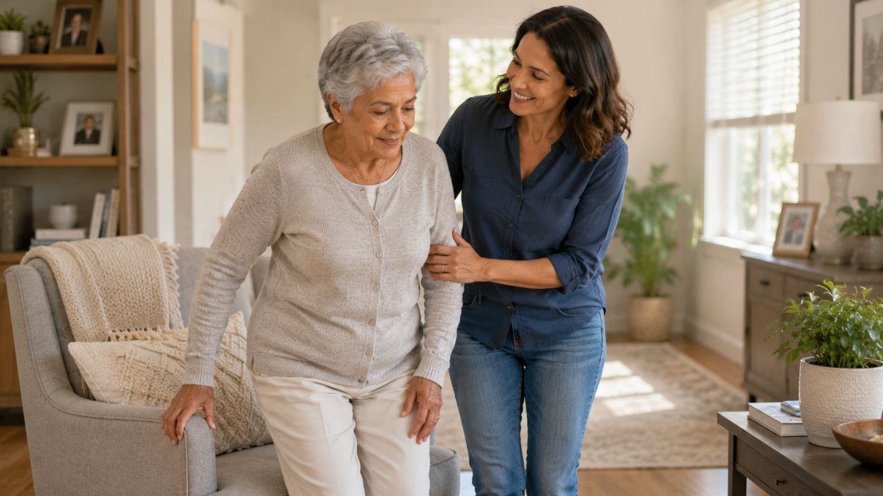 Supporting a senior woman with osteoporosis at home