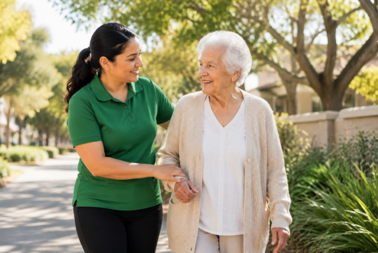 A young caregiver in a green shirt assists an elderly woman in a beige cardigan as they walk together outside on a sunny day, smiling at each other.