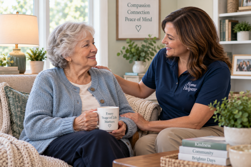 A younger woman comforts an older woman holding a mug that reads Every Stage of Life Matters. Theyre sitting on a couch in a cozy, well-lit living room with books and caring messages on the wall in the background.