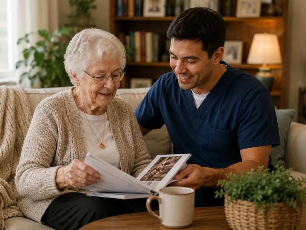 Senior and caregiver reviewing personalized home care options in Apex, NC.