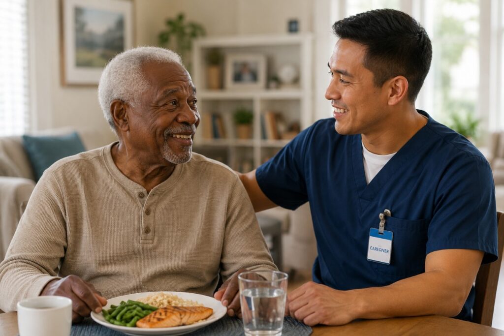 Caregiver shares a warm conversation with a happy senior, reflecting caring home care services in Garner, NC.