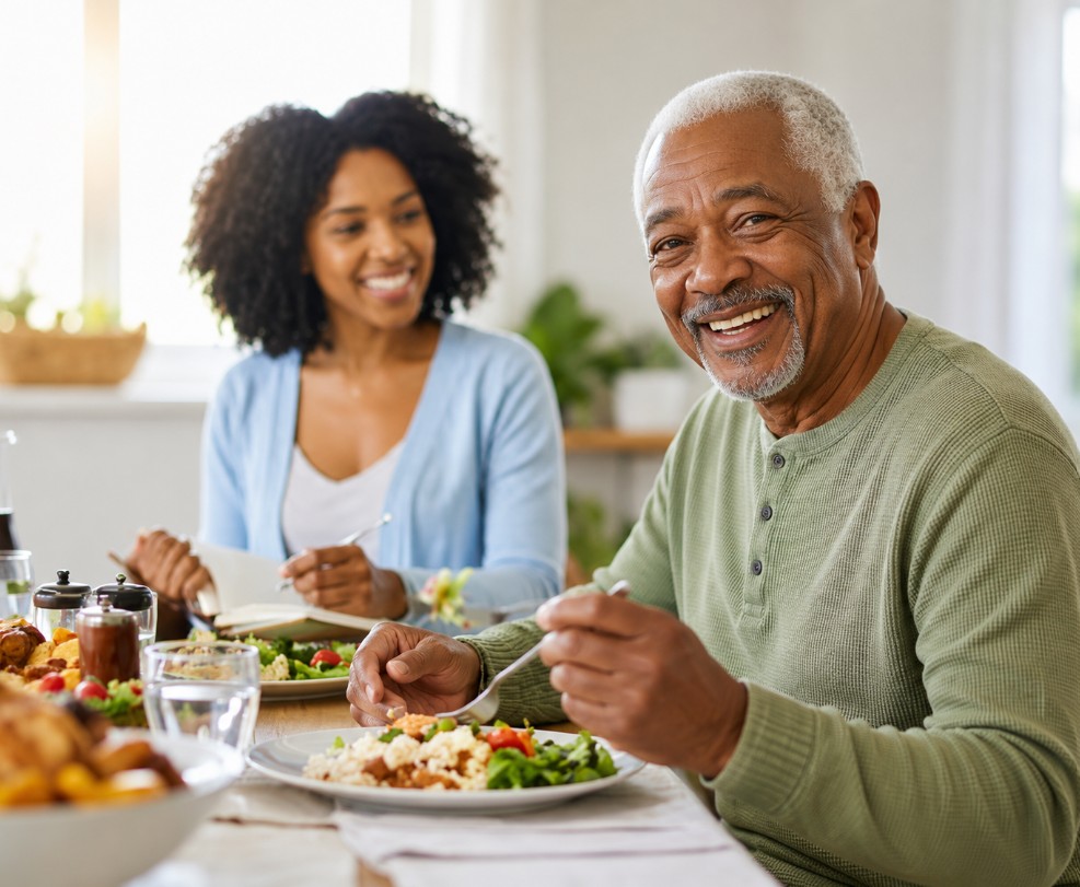 A smiling caregiver and senior sharing a meal reflects warm, everyday support through home care services Cary, NC
