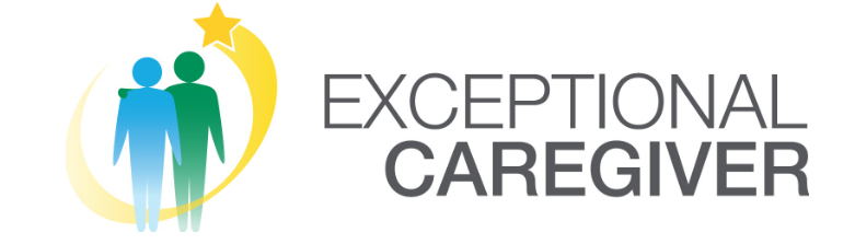 Two human figures with one arm around the others shoulder, a yellow swoosh with a star above them, and the words EXCEPTIONAL CAREGIVER on the right.