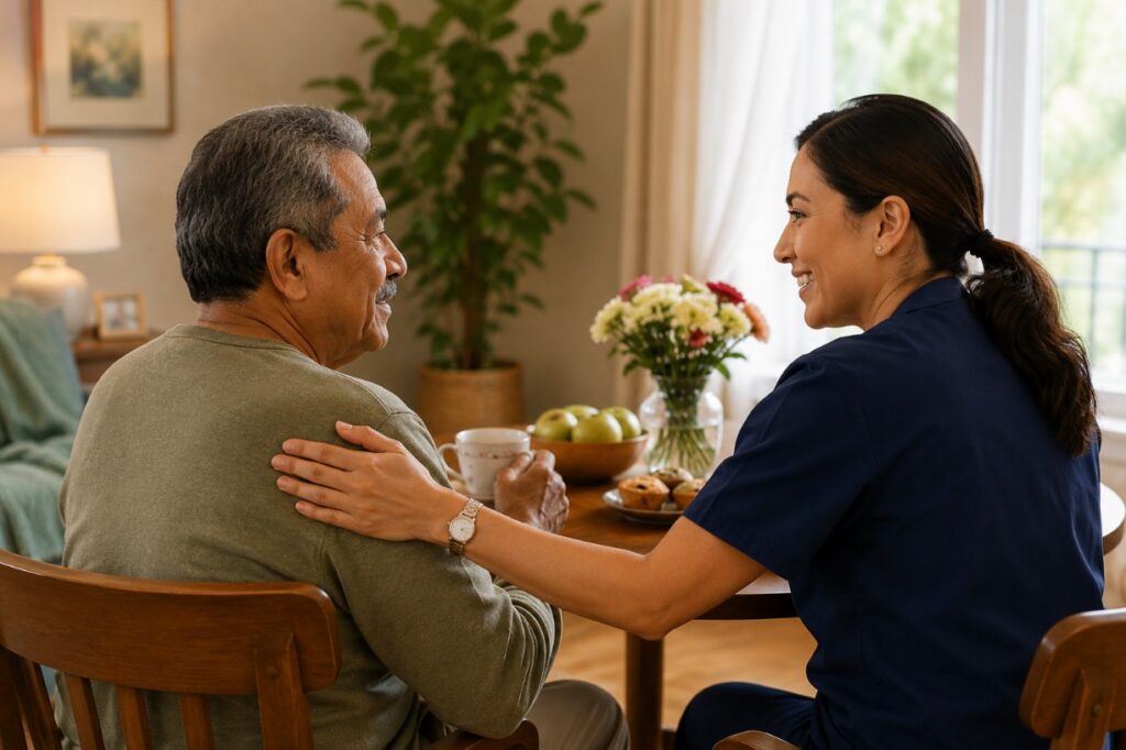 Compassionate caregiver supports an older adult during a calm visit with home care services in Garner, NC.
