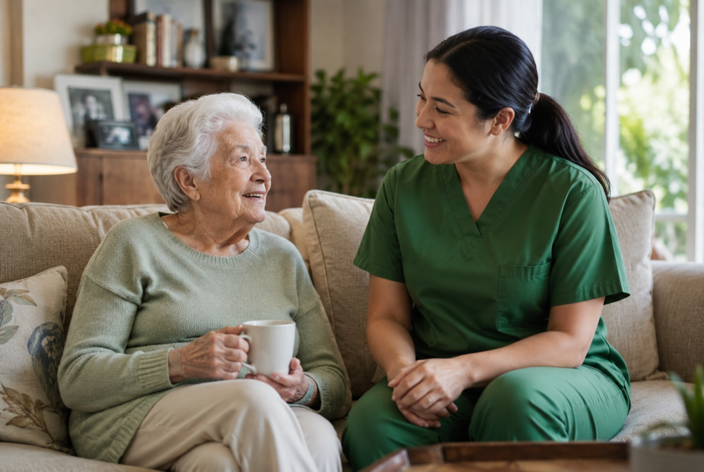 An elderly woman holding a mug sits on a couch, smiling and talking with a nurse in green scrubs who is also smiling. They appear relaxed and happy in a cozy living room setting.